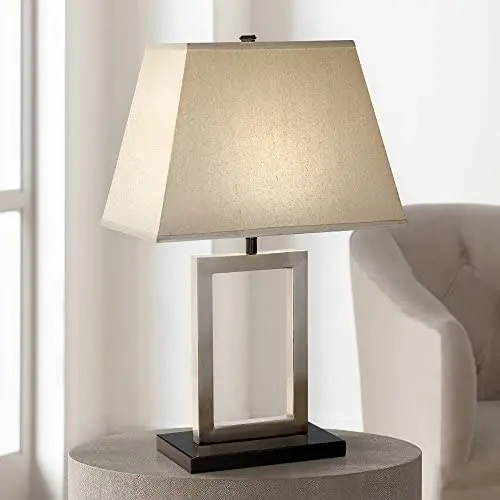 Contemporary Modern Accent Table Lamp Brushed Nickel Open Window Black Metal Rectangular Linen Shade for Living Room Bedroom House Bedside Nightstand Home Office Reading Family - 360 Lighting Contemporary Modern Accent Table Lamp Brushed Nickel Open Window Black Metal Rectangular Linen Shade for Living Room Bedroom House Bedside Nightstand Home Office Reading Family - 360 Lighting