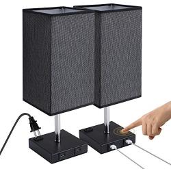 LIGHTESS Touch Table Lamp Dimmable with AC Outlet and 2 USB Ports, Black Fabric Shade Nightstand Lamp, Edison LED Bulbs Included Bedside Lamps for Bedroom, Living Room, Pack of 2, LG9925871