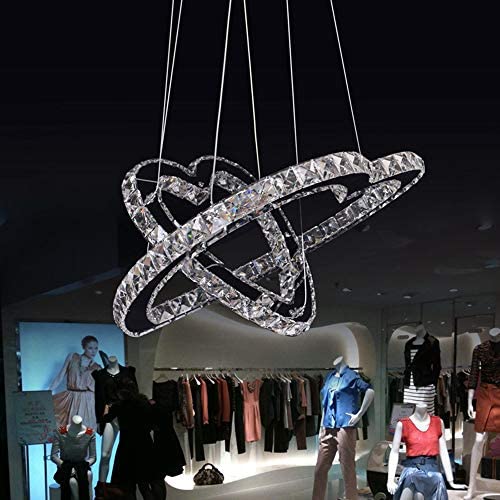 Modern Crystal Chandeliers, Heart Shape 2 Rings 50W 110V LED Crystal Chandelier Fixtures Stainless Steel Round Pendant Ceiling Lights Fixtures for Dining Room Living Room Bedroom (Warm White)