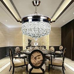 42'' Crystal Ceiling Fan Light with Remote Control Retractable Blade LED Chandelier 3 Colors Dimmable Pendant Lamp for Living Room Bedroom Basement Kitchen