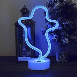 OHLGT LED Neon Light, Neon Sign Blue Ghost Lamp with Base, Battery and USB Operated Neon Decorative Lights for Halloween, Christmas, New Years, Party, Bar, Home, Bedroom