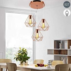 Fengqing-Chandeliers Cage Pendant Light Dining Table Lamp 3-Lights Pendant Lamp Modern Rose Gold Metal Diamond Lampshade Design Hanging Lamp Decoration Lamp for Bedroom Kitchen Restaurant Living Room