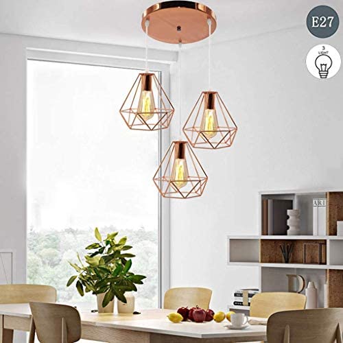 Fengqing-Chandeliers Cage Pendant Light Dining Table Lamp 3-Lights Pendant Lamp Modern Rose Gold Metal Diamond Lampshade Design Hanging Lamp Decoration Lamp for Bedroom Kitchen Restaurant Living Room