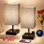 Bedside Lamp, 3 Way Dimmable Touch Control Table Lamp with 2 USB Charging Ports 2 AC Outlet, Nightstand Lamp with Grey Fabric Shade Bedroom Lamp for Bedroom Set of 2 for Living Room, Reading, Office