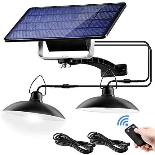 Jior Solar Pendant Lights IP65 Waterproof Lamp for Chicken Coops Patio Outdoor Shed Barn Gazebo with Remote Control Double Head (White)