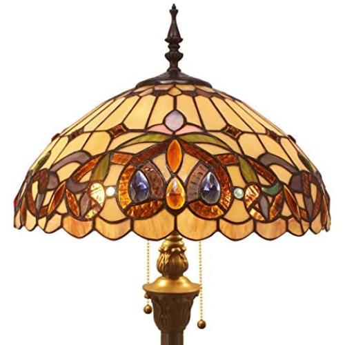 Tiffany Style Floor Standing Lamp W16H64 Inch Tall Stained Glass Serenity Victorian Lampshade 2E26 Antique Reading Light Resin Base S021 WERFACTORY Lamps Bedroom Living Room Bedside Table Lover Gifts