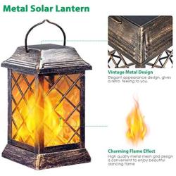 TomCare Solar Lights Outdoor Flickering Flame Metal Solar Lantern Outdoor Hanging Decorative Lanterns Heavy Duty Waterproof Umbrella Decorations Lighting for Patio Garden Deck Yard, 2 Pack