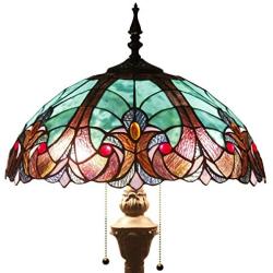 Tiffany Floor Lamp W16H64 Inch Green Stained Glass Liaison Style Shade 2E26 Antique Standing Reading Lighting Base S160G WERFACTORY Lamps Bedroom Coffee Table Living Room Bookcase Dresser Lover Gifts