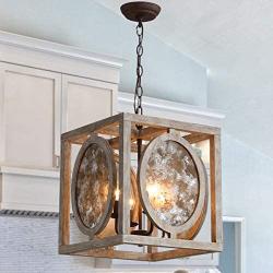 Farmhouse Dining Room Light Fixture Large Retro Glass Wooden Ceiling Light,Vintage 4-Light Rustic Metal Wood Chandeliers Kitchen Island Lighting Fixture for Home Decor,L14.17 x W14.17 x H16.77 inches