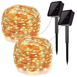 UPOOK Solar String Lights, 100LED Copper Wire Solar Fairy Lights 33Ft 8 Modes Waterproof Outdoor String Lights for Christmas Party Wedding Decoration Patio Garden Yard 2 Pack (Warm White 100LED)