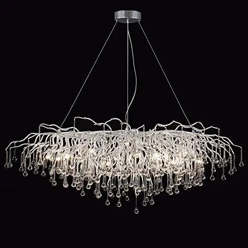 ANTILISHA Modern Crystal Chandelier Rectangle Rain Drop Forest Ceiling Light Fixture Pendant Chandelier for Dining Room Kitchen Island Foyer Large Chandeliers High Ceilings Long Large 45’’ Silver