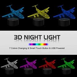 YKLWORLD Airplane Night Light 3D Plane Illusion Lamp 7 Color Changing Touch Control with USB Cable LED Fighter Toy Table Desk Decor Lamps for Men Boys Kids Christmas Birthday Gifts