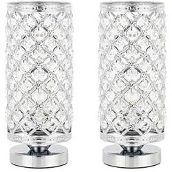Crystal Table Lamps Set of 2, Modern Elegant Decorative Small Desk Light with Crystal Beads Hollowed Out Metal Lampshade and Base for Bedroom Living Room Kids Room