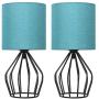 HAITRAL Modern Table Lamps Set of 2 - Black Metal Bedside Teal Lamps for Bedroom, Living Room,Dorm, Side Table, Geometric Desk Lamps with Hollowed Out Base and Blue Fabric Shade