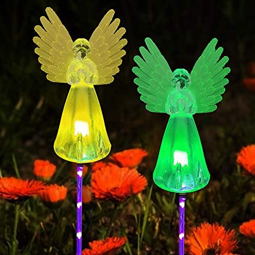 NY Solar Light Outdoor with Fiber Optic Angel Cemetery Decorations for Grave Solar Christmas Lights Outdoor Waterproof Garden Solar Powered Memorial Light for Loved Ones Garden Gifts for Mom 2 Pack