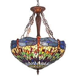 Capulina Tiffany Hanging Lamp, Large Dragonfly Stained Glass Lamps, Tiffany Pendant Lighting, 4-Light Hanging Tiffany Lamp, W21'' Wide Tiffany Dining Room Light, Hanging Light