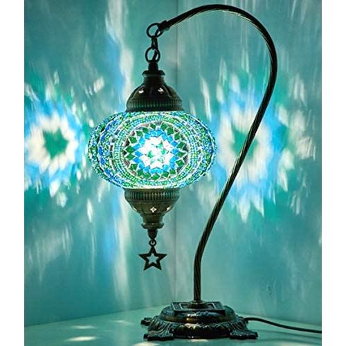 New BOSPHORUS Stunning Handmade Swan Neck Turkish Moroccan Mosaic Glass Table Desk Bedside Lamp Light with Bronze Base (Green)