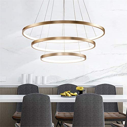 BAYCHEER Modern LED Chandeliers Round Shape Drop Ceiling Lighting 3 Ring Hanging Lamp Gold Pendant Light Fixture for Kitchen Island, Bedroom, Dining Room Cool Light Size L