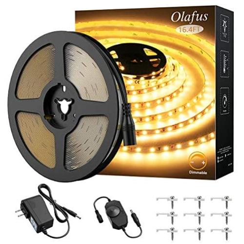 Olafus 16.4ft LED Strip Lights Warm White Dimmable, LED Rope Light Kit 12V Flexible Under Cabinet Lighting Strips, 5m 300 LEDs 2835, 3000K Bright Tape Lighting for Indoor Bedroom, UL Listed Plug