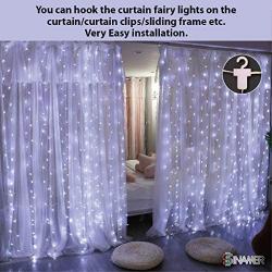 SINAMER White Curtain Light for Bedroom, 6.56ft x 9.8ft 300 LED String Light with 16 Hooks, 8 Lighting Models Remote Control, Window Fairy Light with USB for Wedding Party Garden Indoor Decorations