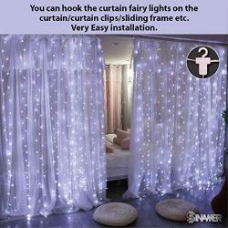 SINAMER White Curtain Light for Bedroom, 6.56ft x 9.8ft 300 LED String Light with 16 Hooks, 8 Lighting Models Remote Control, Window Fairy Light with USB for Wedding Party Garden Indoor Decorations