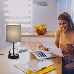 USB Table Lamp, Bedside Table Lamps with 2 USB Charging Ports, Metal Nightstand Lamp with Grey Lampshade, Black Lamps with AC Power Sockets for Bedroom, Living Room, Study Room (Set of 2)