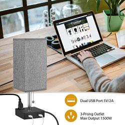 USB Bedside Table Lamp, MOICO Stylish Nightstand Lamp with 2 USB Charging Port and one AC Outlet, Modern Desk Lamp with Grey Linen Fabric Shade for Bedroom, Living Room, Kids Room, Dorm, Office