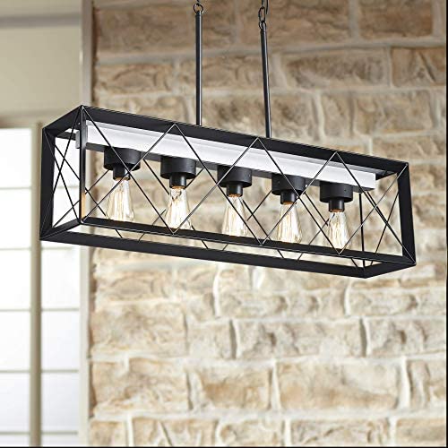 Bestier Painted White Wood Color Matte Black Metal Finish Farmhouse Kitchen Island Pendant Chandelier Lighting LED Ceiling Light Fixture Dining Room Livingroom Length 36 in Height 11 in Width 7.9 in