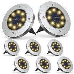 MAPLEZ Solar Ground Light 8 LED Solar Outdoor Lights Disk Light Waterproof for Garden Yard Patio Pathway Lawn Driveway Walkway 8 Packs Warm White