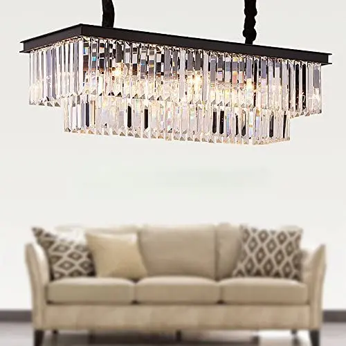 Meelighting L39.4'' W10.2'' Rectangle Modern Crystal Chandeliers Lighting Pendant Ceiling Lights Fixture Lamp for Dining Living Room Meelighting L39.4'' W10.2'' Rectangle Modern Crystal Chandeliers Lighting Pendant Ceiling Lights Fixture Lamp for Dining Living Room