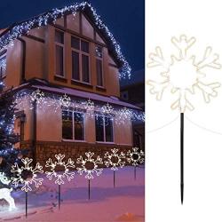 8.5” Christmas Pathway Stake Lights Outdoor 5 Pack 8 Feet 60 LED Fairy Lights Battery Operated Waterproof Snowflake Landscape Lights for Xmas Indoor Party Decorations, Pure White