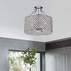 Marya 4-Light Chrome Round Shade Crystal Semi Flush Mount Chandelier Ceiling Fixture, Beaded Drum Shade