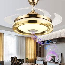 TFCFL 42 Modern Music Ceiling Fan with Light, Invisible Smart Chandelier Fan with Bluetooth Player Remote Control 4 Retractable Blades 3 Colors for Dining Room Bedroom (Gold)