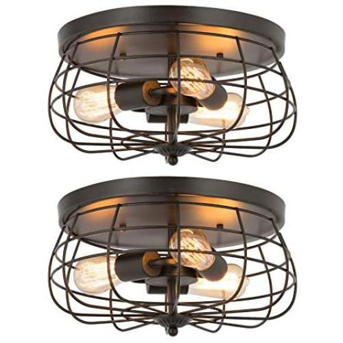 CO-Z 2PCS Industrial 3-Light Vintage Metal Cage Flush Mount Ceiling Light, Oil Rubbed Bronze Finish, Rustic Ceiling Lighting Fixture for Bedroom, Dining Room, Living Room, Farmhouse Lighting