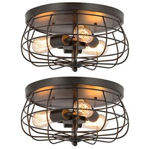 CO-Z 2PCS Industrial 3-Light Vintage Metal Cage Flush Mount Ceiling Light, Oil Rubbed Bronze Finish, Rustic Ceiling Lighting Fixture for Bedroom, Dining Room, Living Room, Farmhouse Lighting