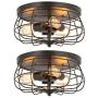 CO-Z 2PCS Industrial 3-Light Vintage Metal Cage Flush Mount Ceiling Light, Oil Rubbed Bronze Finish, Rustic Ceiling Lighting Fixture for Bedroom, Dining Room, Living Room, Farmhouse Lighting