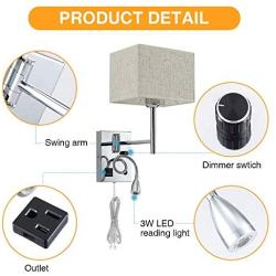 Bedside Wall Mount Light with Outlet and Dimmable Switch, LED Reading Swing Arm Fabric Shade Wall Sconce Light with Plug in Cord, Perfect for Bedroom, Living Room and Hotel