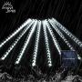 JMEXSUSS Christmas Lights Meteor Shower Rain Lights Solar Powered Meteor Shower Lights 30cm 8 Tube 144 LEDs, Meteor Lights Led Falling Rain Light for Xmas Tree Weeding Party(White)