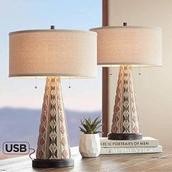 Ignacio Table Lamps Set of 2 with USB Charging Port Southwest Style Tapering Column Oatmeal Fabric Drum Shade for Living Room Bedroom Bedside Nightstand Office Family - John Timberland