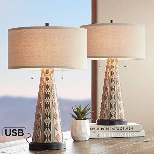 Ignacio Table Lamps Set of 2 with USB Charging Port Southwest Style Tapering Column Oatmeal Fabric Drum Shade for Living Room Bedroom Bedside Nightstand Office Family - John Timberland