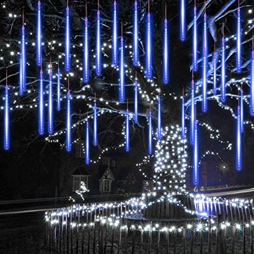 LED Outdoor Lights, LED Meteor Shower Rain Lights Blue 8 Tubes 192 LEDs Waterproof Snow Falling Raindrop Icicle Garden Light for Christmas Tree Halloween Decoration Holiday Party Wedding