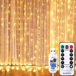 N/P Warm White Window Curtain String Lights, 9.8 x 9.8 Ft 300 LED USB Powered Waterproof, 8 Lighting Modes with IR Remote for Bedroom Wedding Party Home Wall Decorations