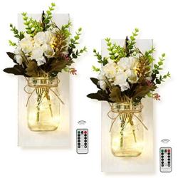Rustic Mason Jar Wall Decor Sconces Wall Art Home Decor, Lighted Country Farmhouse Nightlight Decorations Wall Sconce with LED Fairy Strip Lights and Flower for Home, Living Room, Bedroom Decorations (Rose+White Board)