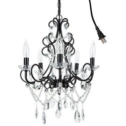 Amalfi Decor 5 Light LED Crystal Beaded Chandelier, Mini Wrought Iron K9 Glass Pendant Light Fixture Contemporary Nursery Kids Room Dimmable Plug in Hanging Ceiling Lamp, Black