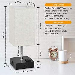 USB Bedside Table Lamp,Hansang Nightstand Lamp with Dual Charging Ports,LED Desk Lamps for Bedrooms,Tetragon Fabric Linen Lamp Shade with Pull Chain,E26 Warm White Light Bulb Included