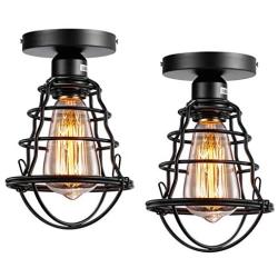 Vintage Semi Flush Mount Ceiling Light E26 E27 Base Edison Rustic Antique Metal Caged Industrial Ceiling Light Fixture for Hallway Porch Bathroom Stairway Bedroom Kitchen 2 Pack