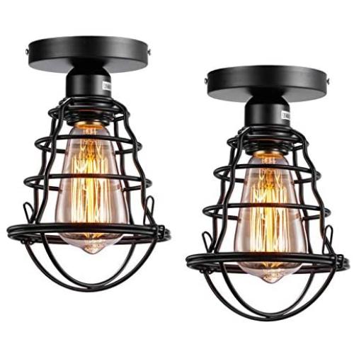 Vintage Semi Flush Mount Ceiling Light E26 E27 Base Edison Rustic Antique Metal Caged Industrial Ceiling Light Fixture for Hallway Porch Bathroom Stairway Bedroom Kitchen 2 Pack