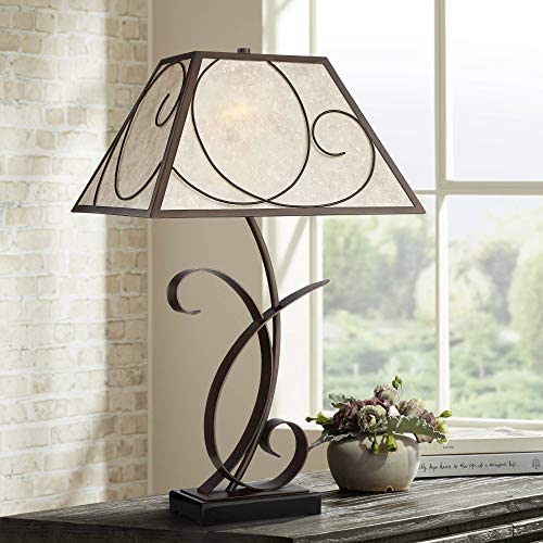 Teri Rustic Farmhouse Table Lamp Scroll Brown Metal Light Mica Tapering Shade for Living Room Bedroom Bedside Nightstand Office Family - Franklin Iron Works