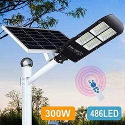 300w Solar Street Light Outdoor Dusk to Dawn, Flood Lights with Remote Control, 486 LEDs, Super Bright, Waterproof Security LED Pole Light for Yard, Garden, Pathway (Mounting Brackets Included)
