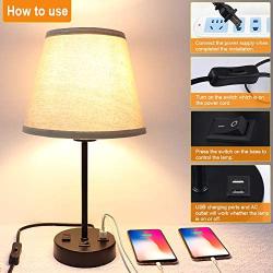 USB Table Lamp Set of 2, PARTPHONER Bedside Nightstand Lamp with Dual USB Charging Ports AC Outlet, Small Desk Lamp Cream Fabric Shade Metal Base Light for Bedroom, Living Room, Study Room, Office